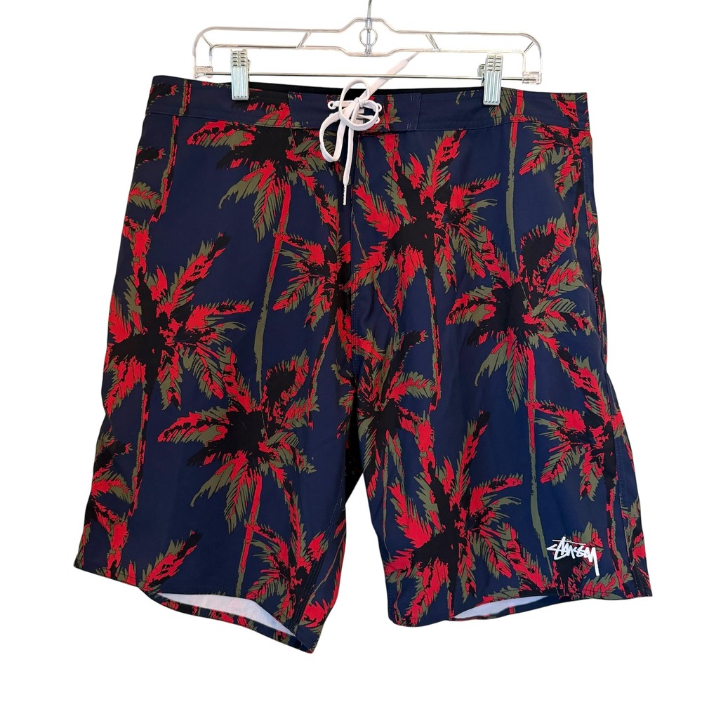 Stussy Wild Palm Trunk Board Shorts Men 33 Med Navy Blue Red Swim Trunks NWOT‎